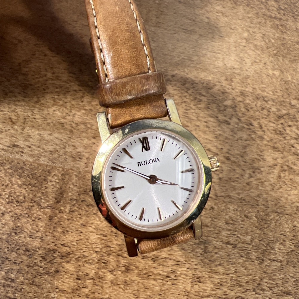 Bulova Women's Analog Brown Genuine Leather Gold Tone Quartz Watch Needs Battery